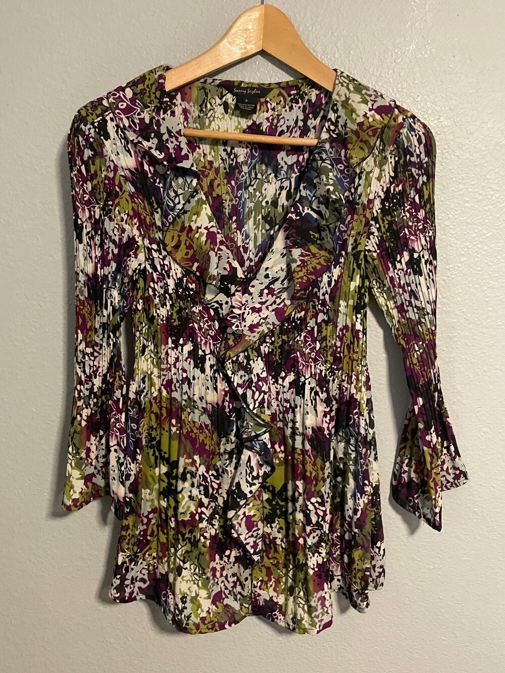 Womens Tunic Top Small Colorful Floral Pleated Bell Sleeve Boho Fairy Hippie Y2K